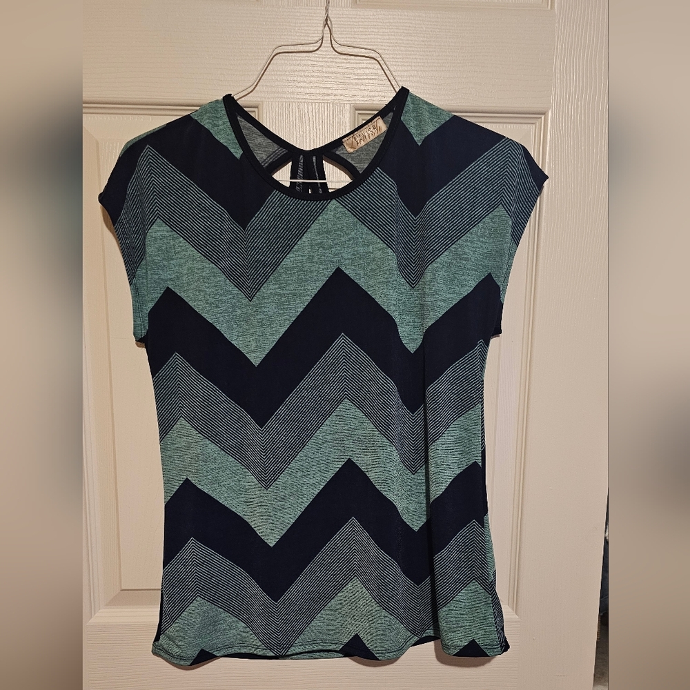 Lavisk Navy & Teal Zig Zag Patterned Women's Top Sz S
